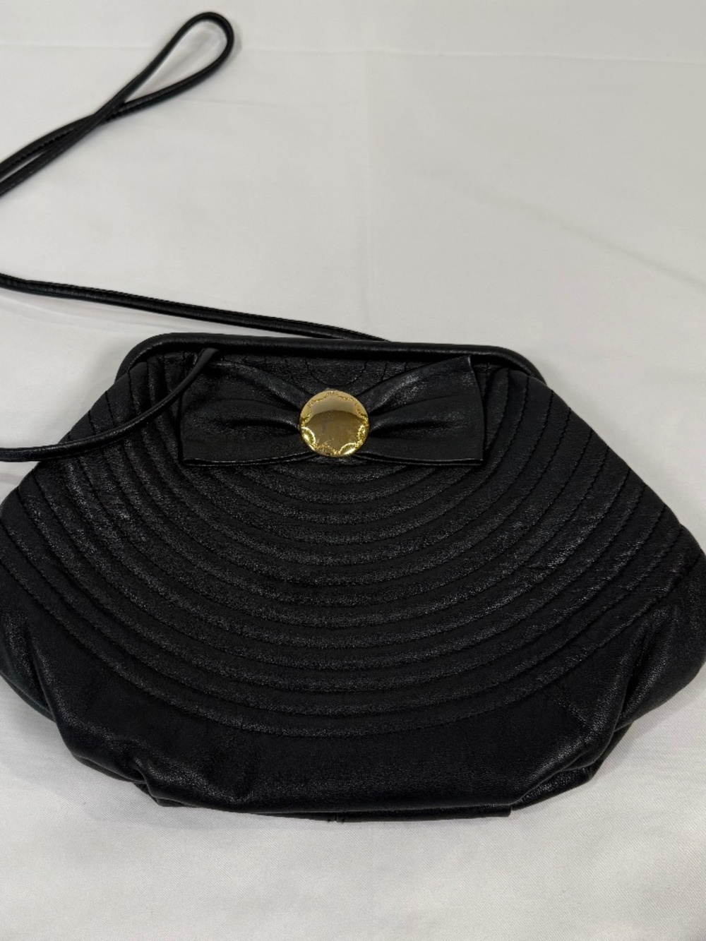 Vintage Black Leather Crossbody Purse Quilted Stitch Bow Gold Accent Bag